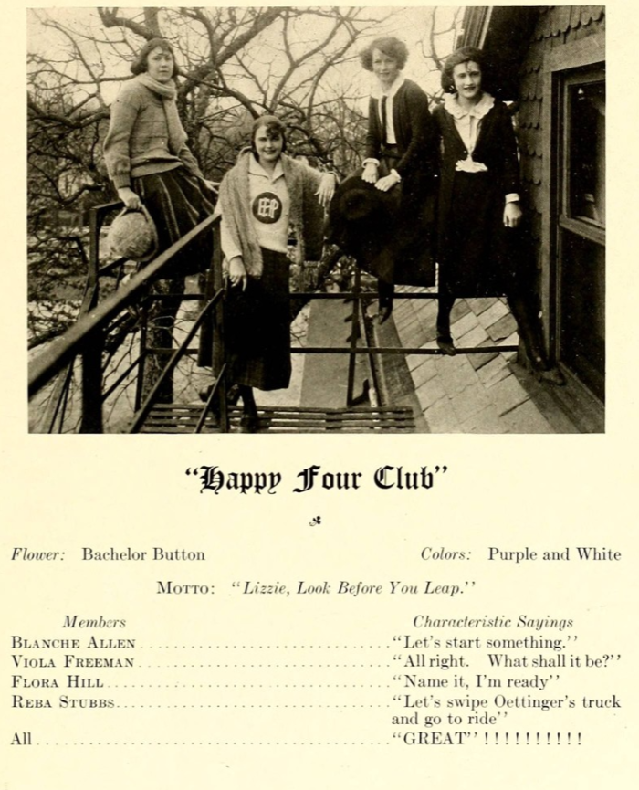 1920s vintage yearbook photo of a school club called "happy four club" in 1923 featuring 4 girls in 1920s fashions at Barton College, North Carolina.