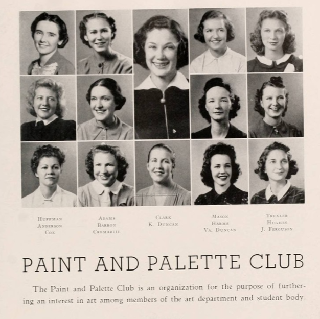 1930s vintage photo from a 1939 yearbook of the Paint and Palette club (art club) featuring young university women in late 1930s hairstyles.