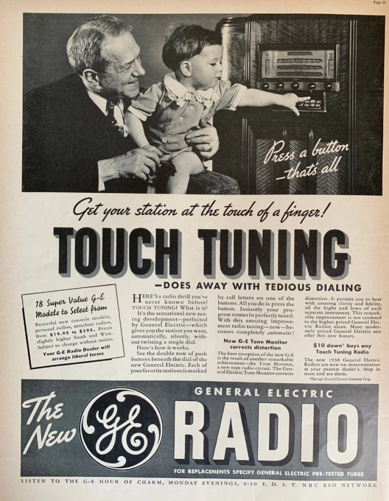 1930s vintage radio ad for General electric radio touch dials featuring a grandfather and his young grandson in front of the radio