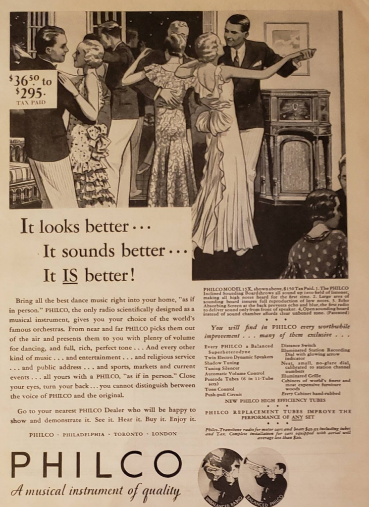 1930s vintage radio advertisement: 1932 PHILCO Radio Musical Instrument Orchestra Dance Music Party featuring couples in 1930s fashions dancing in a livingroom.