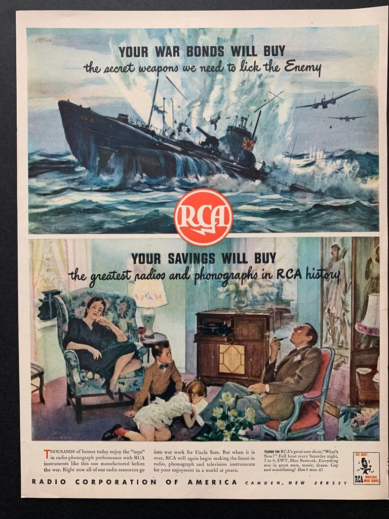 1940s vintage radio ad: RCA WW2 War Bonds ad talking about how after the war you can take that money and buy RCA radios and phonographs with it. 