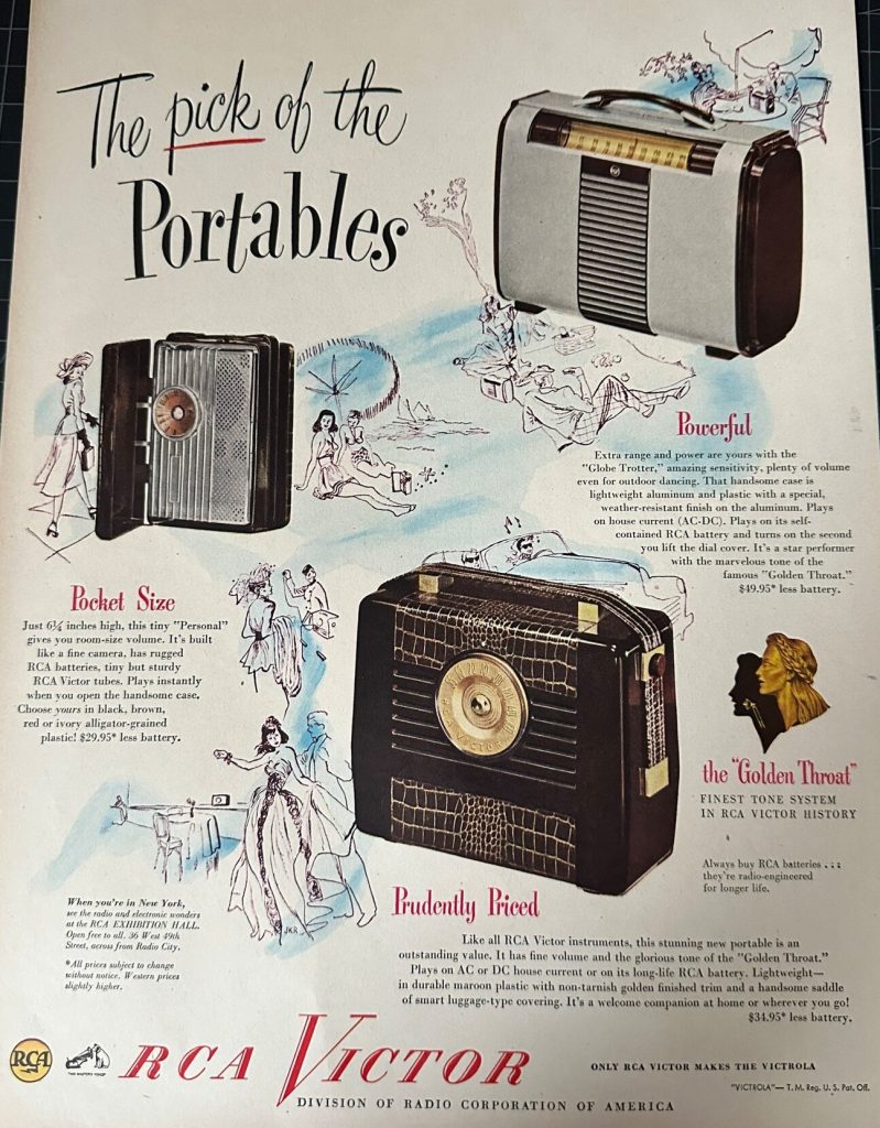 1940s Vintage radio ad: "The pick of the Portables". 1940s RCA Victor Portable Radio Ad.