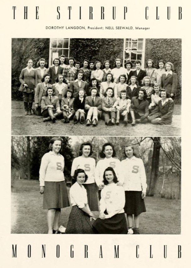 1940s vintage yearbook photo from Salem College, 1944 'Sights and Insights' yearbook. The Stirrup Club & The Monogram Club.