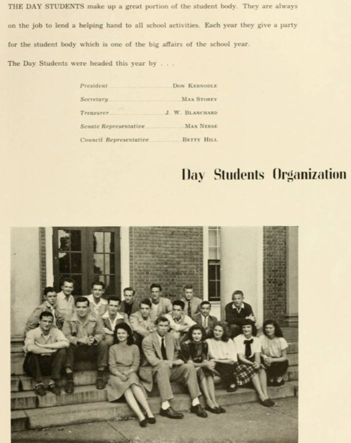 1940s vintage yearbook photo of The 'Day Students Organization' as seen in the Phi Psi Cli 1948 yearbook from Elon College