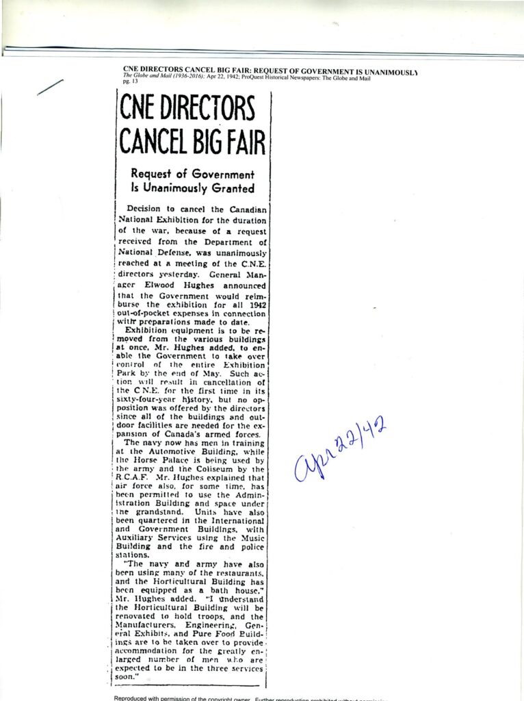 1942 Article about the Cancellation of the CNE during WW2