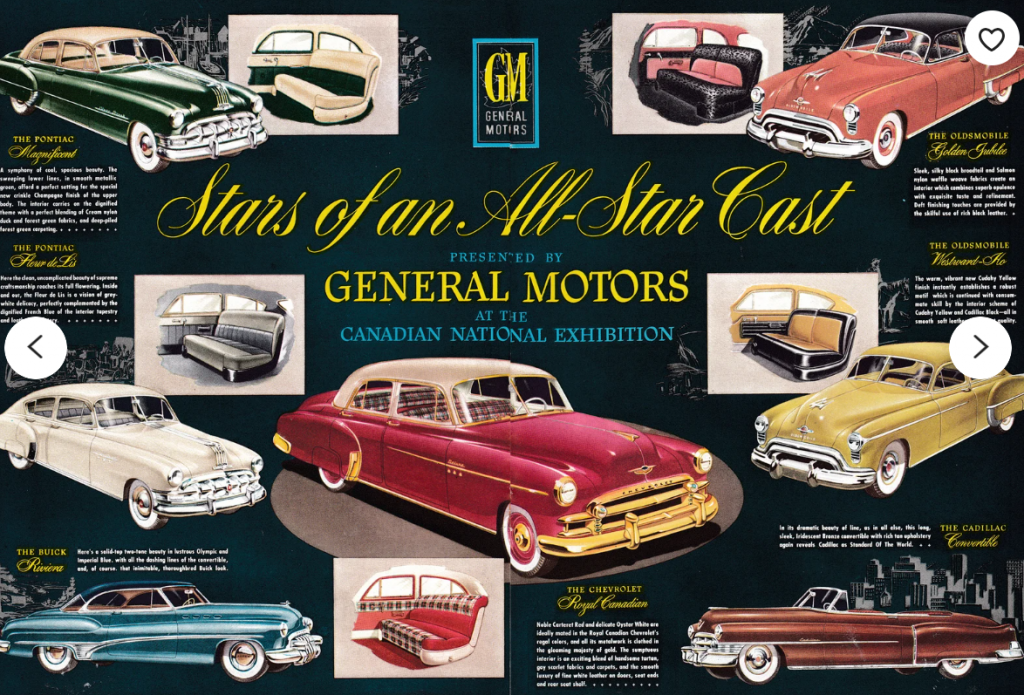 1950s advertising: 1950 General Motors Product Line-CNE-Canadian National Exhibition Original 2 Page Magazine Ad