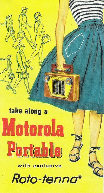 1950s Vintage Ad-MOTOROLA Portable Radio featuring an illustration of 1950s people walking around with radios and a woman in a 1950s skirt and sandels holding a portable radio