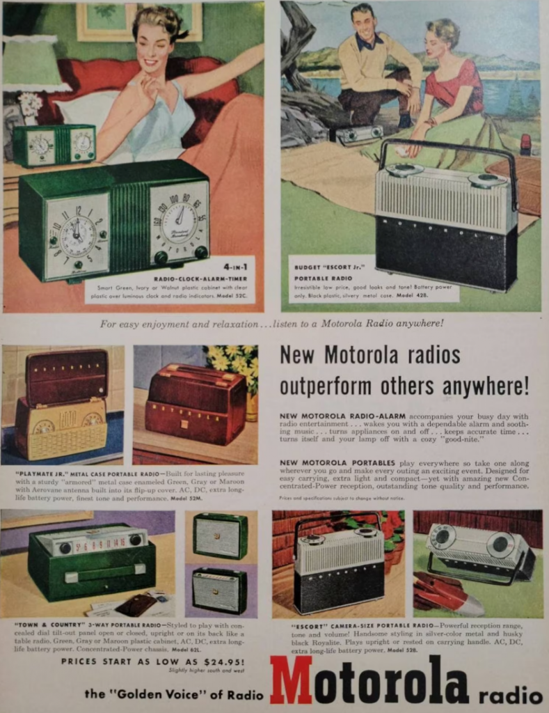 1950s Vintage Radio Ad: 1952 Motorola Radios Vintage Advertisement featuring images of the different 1950s radios they have. 