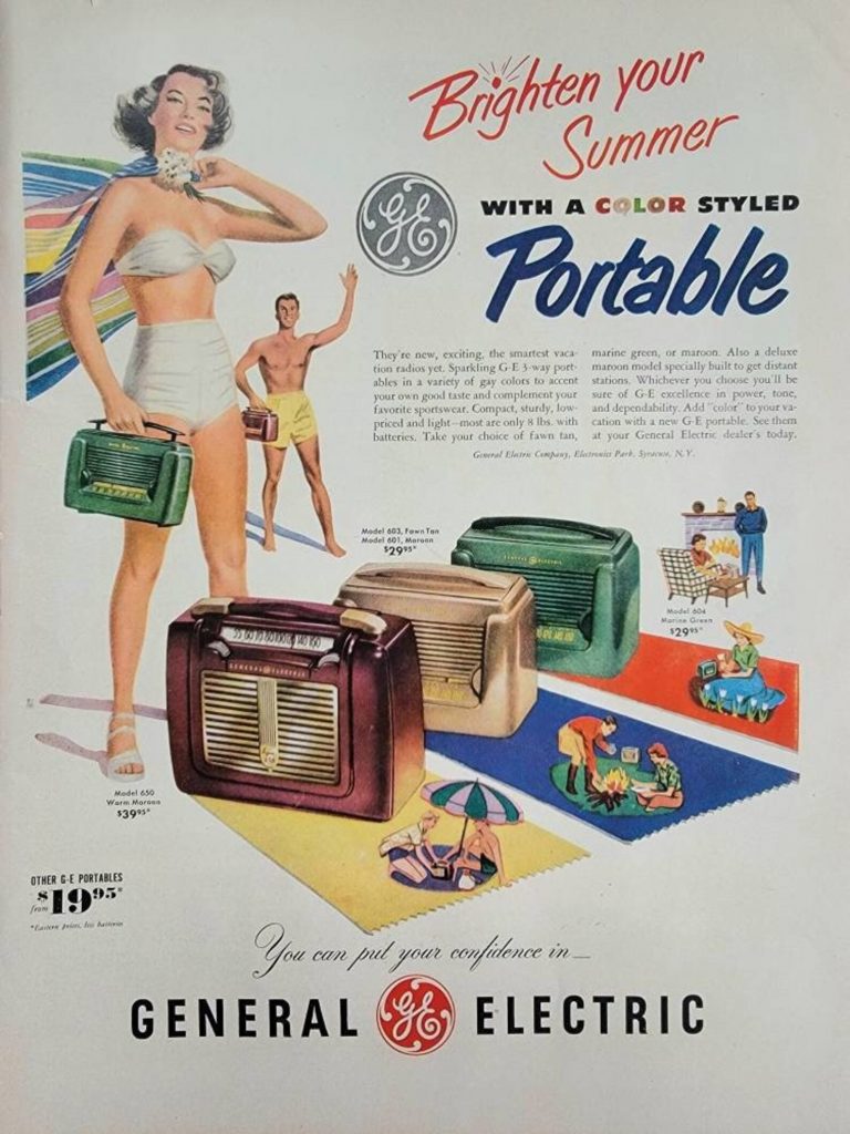 1950s Vintage Radio Ad from 1950s for GE Color Portable Radios perfect for the beach, gardening, at home etc. The image features and man and woman in 1950s swimsuits with their portable radios. 