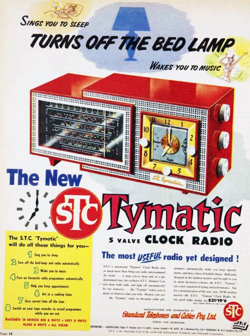 1950s radio vintage ad: The new STC Tymatic 5 value Clock radio. Turns off the bed lamp and wakes you to music. Fun 1950s look to the radio. 