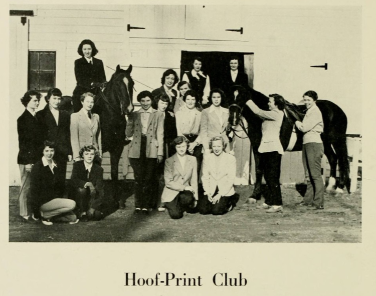 1950s vintage yearbook photo of the 'Hoof-Print Club' at Meredith College as seen in the 'Oak Leaves' 1952 yearbook. 