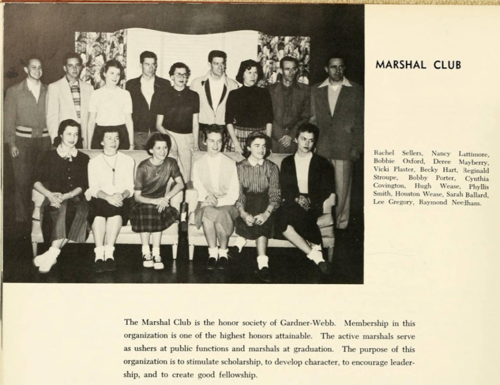 1950s vintage yearbook photo of The 'Marshal Club' at Gardner-Webb University as seen in the 'Anchor' 1955 yearbook.