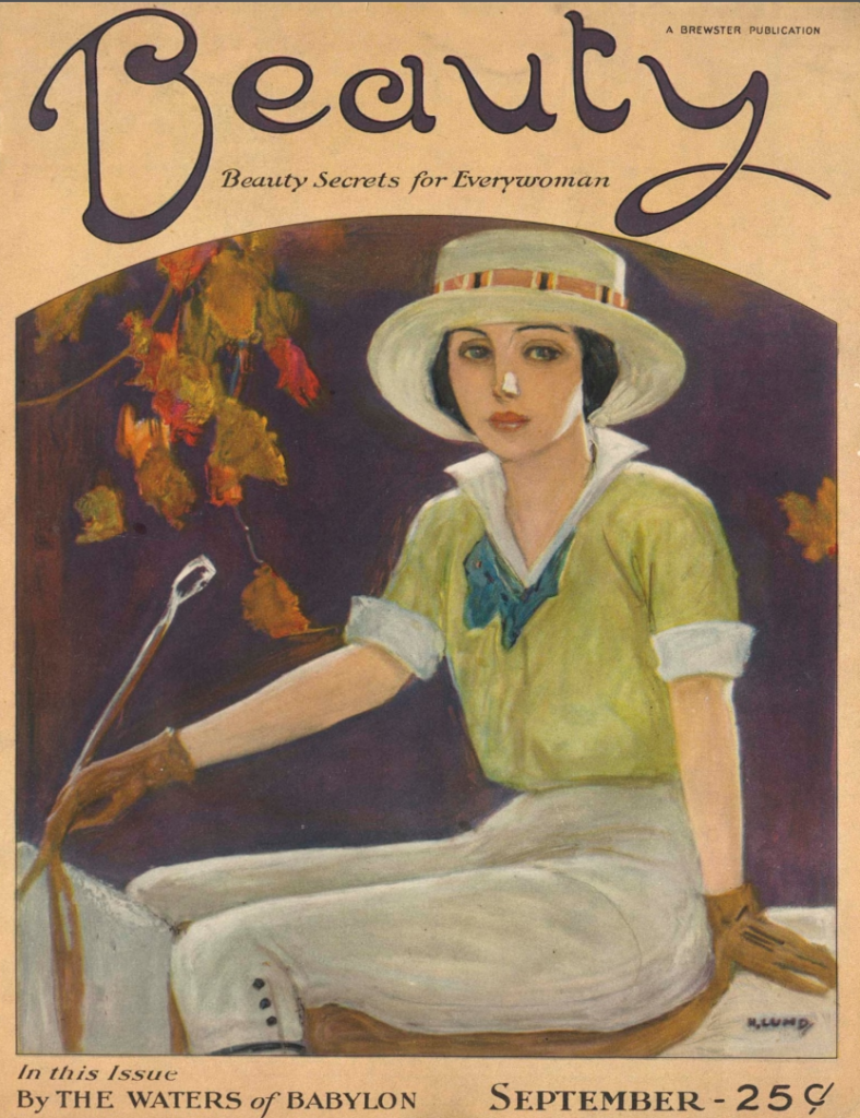 1920s vintage magazine cover from September 1923 of BEAUTY featuring beauty secrets for everywoman. The cover features an illustration of a 1920s woman. 