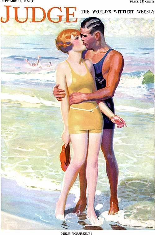 1920s vintage magazine cover from JUDGE Magazine September 6th, 1924 featuring a couple kissing on the beach in 1920s swimsuits. 