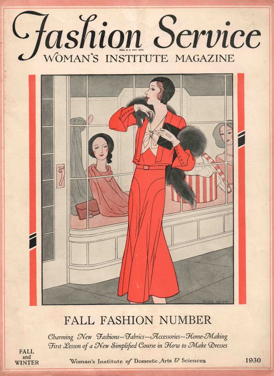 1930s magazine: Fashion Service Fall Winter 1930 featuring an illustration of a woman in a red dress and matching red short jacket. 