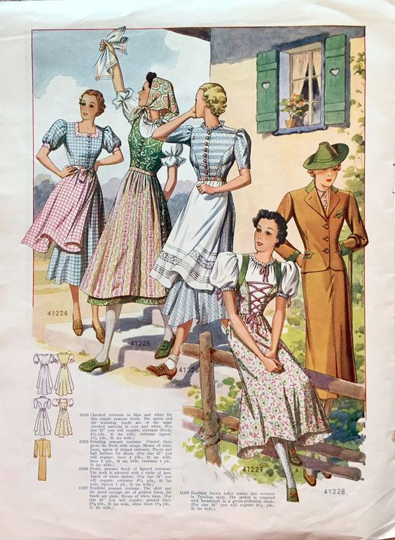 `1930s fashion illustration: UK version of Austrian sewing pattern magazine, Record Fashions from July 1938 featuring the traditional dress in various styles. 