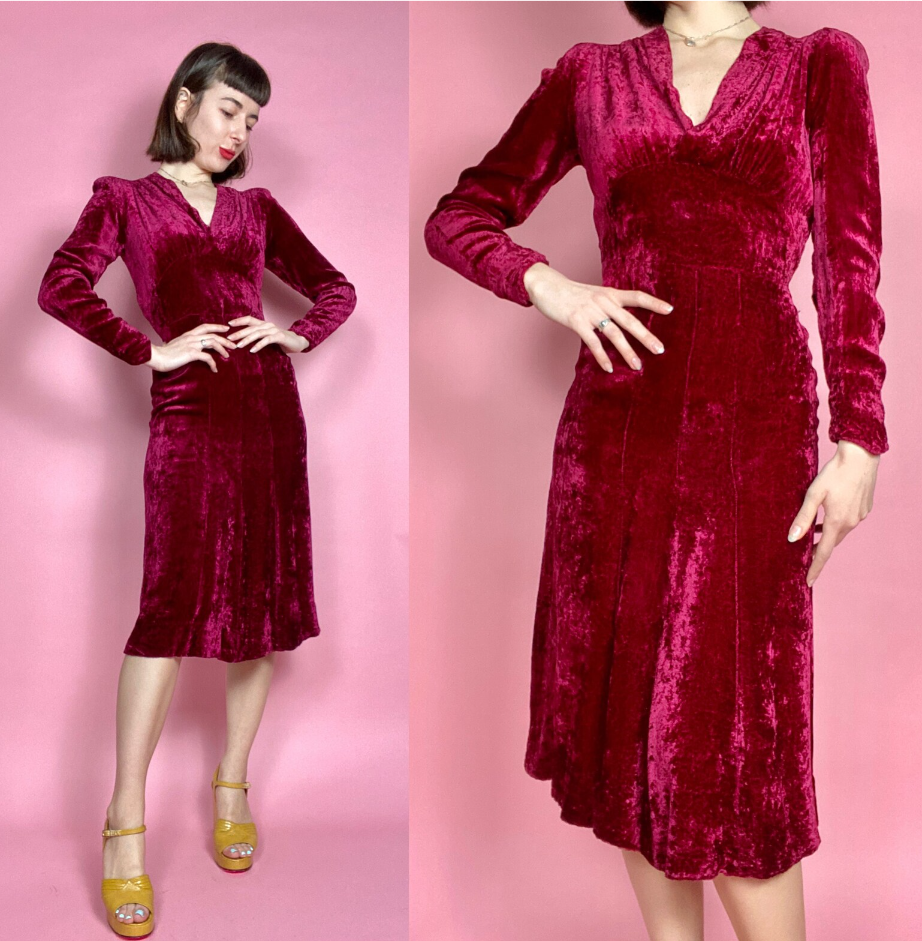 A Fall Fashion Trend-Red as seen on a 1930s Long Sleeve Crimson Red Velvet Dress. Beautiful 1930s Fashion. 