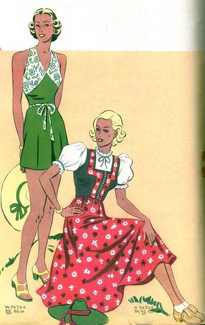 1930s fashion: Deutsche Moden Zeitung 1938 featuring an illustration of two women in very different 1930s fashions. A playsuit that is perfect for hot summer days, and a dirndl for all other times. 