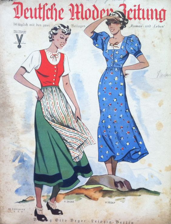 1930s fashion illustration for women's 1930s dirndls as seen in Deutsche Moden Zeitung magazine. 