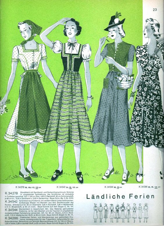 1930s fashion illustration for women's 1930s dirndls as seen in a German catalog