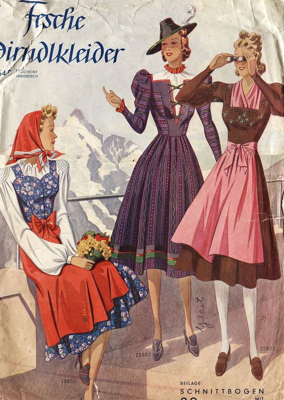 1930s fashion illustration for women's dirndls as seen in a German dirndl magazine. 1930s dirndls in all different styles, colours and patterns.