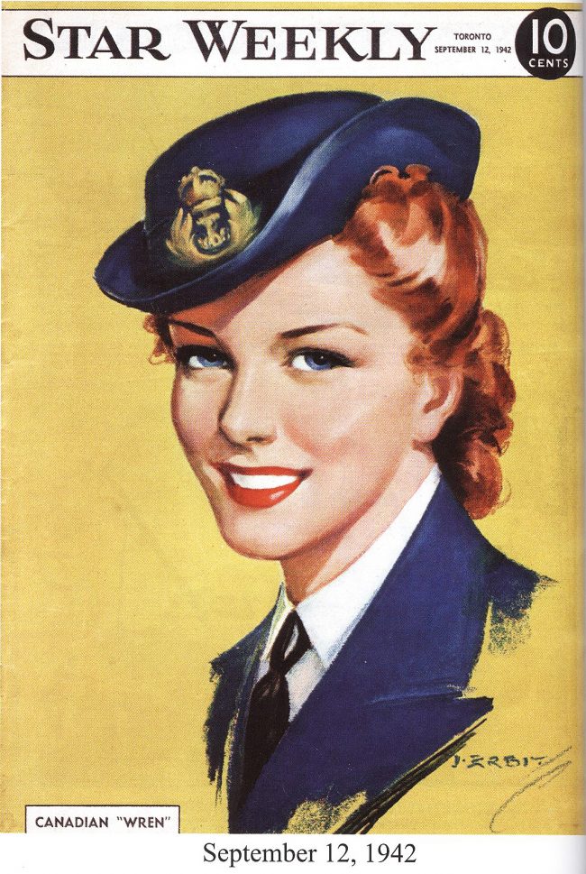 1940s Vintage Magazine Cover from the Toronto Star Weekly featuring an illustration of a young Canadian WRENon the cover from September 12th 1942-WW2. 