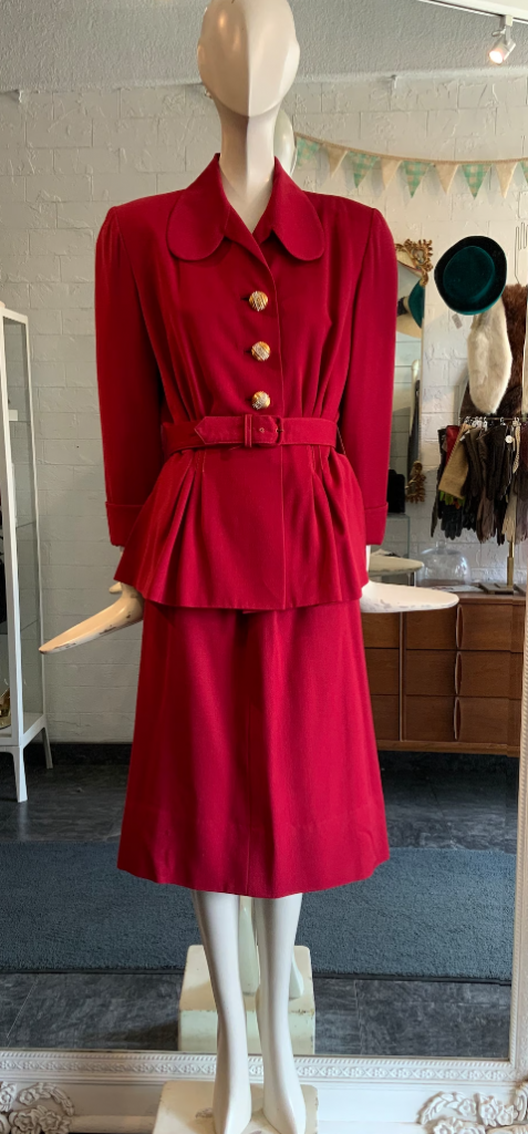 1940s Fashion / Fashion Fall Trend-Red as see in a 1940s deep red wool garbardine two piece suit. 