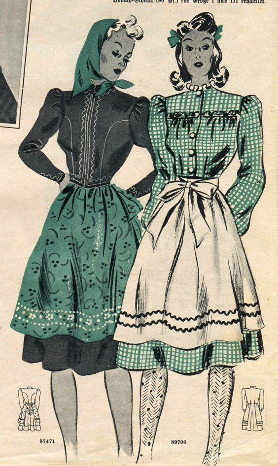 1940s sewing pattern fashion illustration for women's dirndls, Traditional German dress.