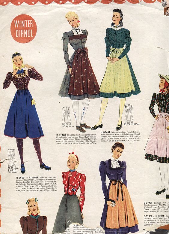 1940s Fashion Illustration as seen in a catalog page for women's 1940s Winter Dirndls. 