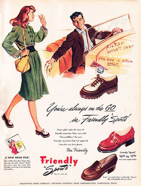 1940s vintage advertisement for women's loafers from Friendly Sports featuring an illustration of a 1940s couple heading out together on a date during college. 