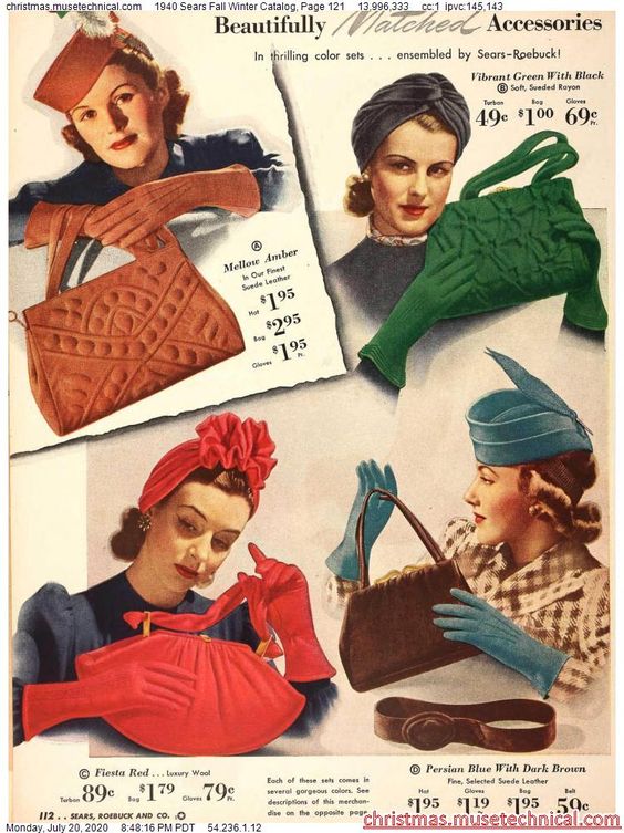 1940 Fall / Winter Catalog page featuring womens matching hats / Turbans and Purses. Perfect fall fashion. 