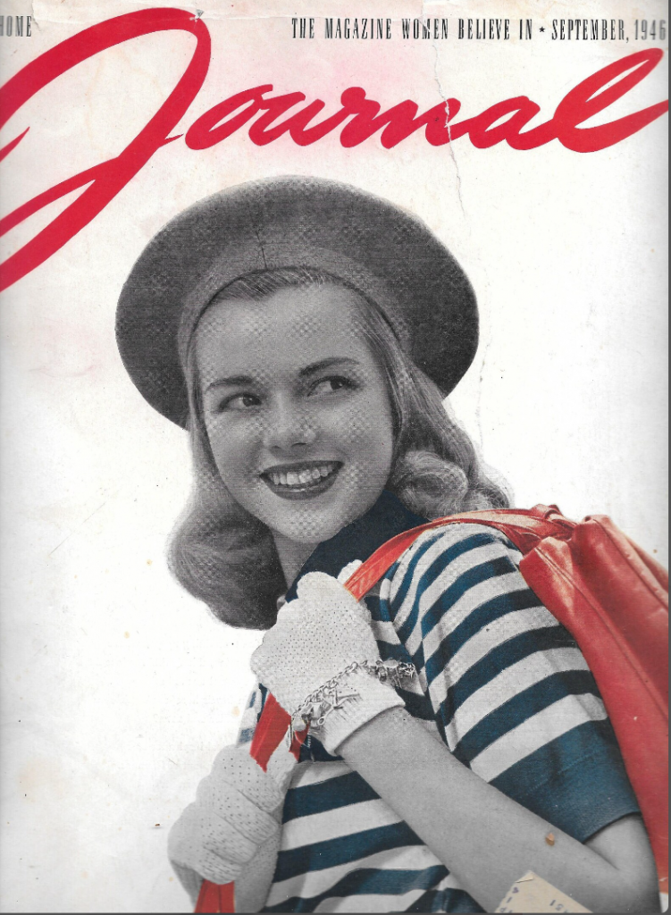 1940s Ladies Home Journal Magazine September 1946 featuring a stylish young woman in a beret, a charm bracelet and a stylish red bag (Fall fashion trend)