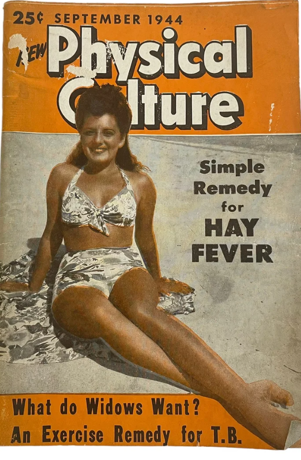 1940s vintage magazine cover of Physical Culture Sept 1944 featuring a young woman in a 1940s two piece swimsuit on the cover