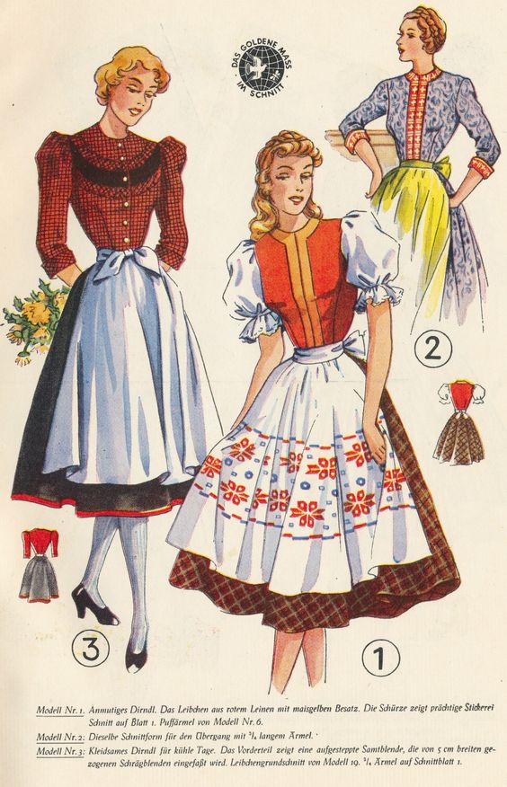 1950 fashion illustration featuring women's dirndls in fall colours.