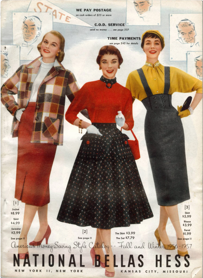 1950s Fashion Fashion: 1956 Bells Hess Fall / Winter Catalog front page featuring 3 women in fall fashions including our featured colour..red! Beautiful!