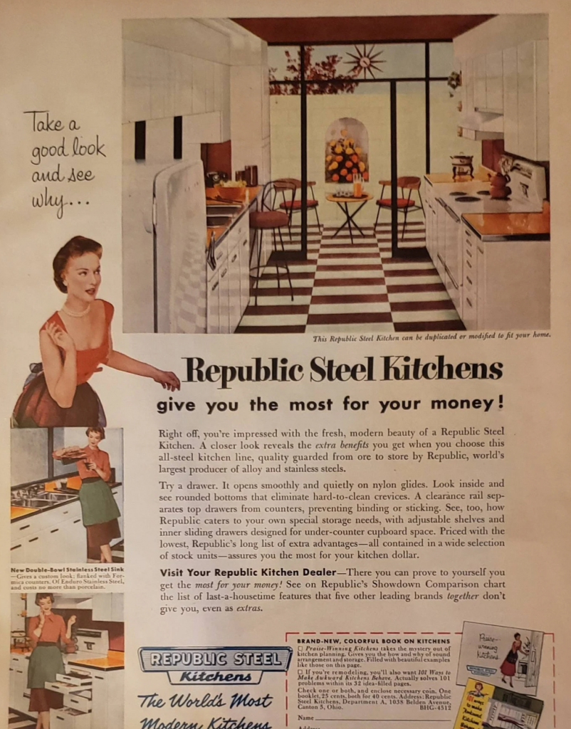 1950s vintage kitchen ad for Republic Steel Kitchens featuring a cool galley 1950s kitchen and an excited 1950s housewife. 