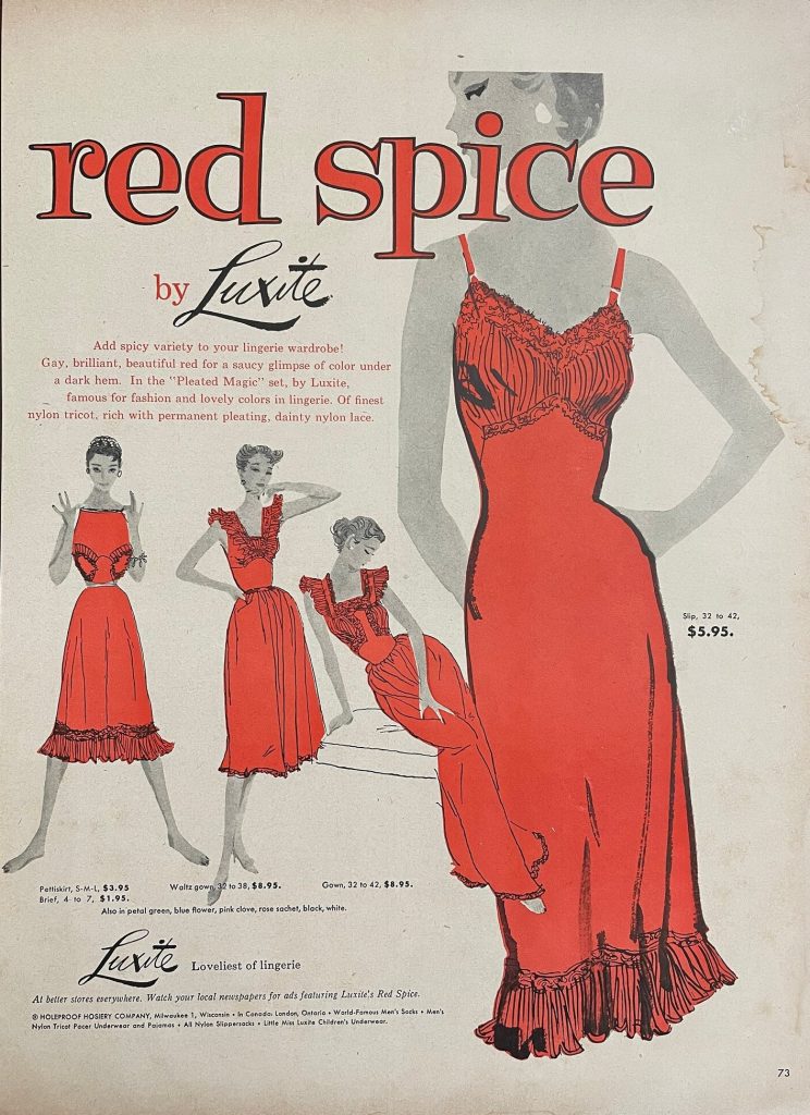 1950s vintage advertisement for womens Luxite Red Nylon Lingerie. Red is a Fall Fashion 2023 Trend.