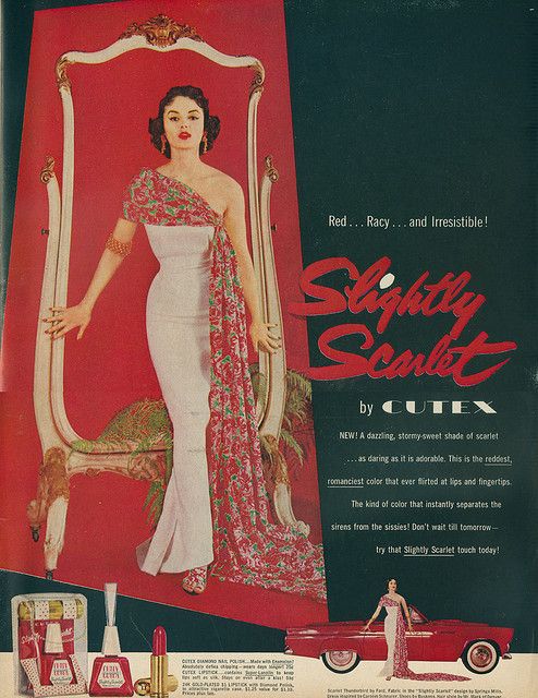 1950s vintage ad for women's red nailpolish from Cutex 1955 featuing an image of a women in a 1950s evening gown. 