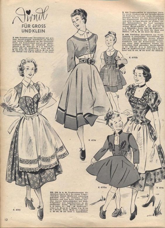 1950s catalog featuring fashion illustrations of dirndls for “Gross und Klein” (large and small), women and girls.