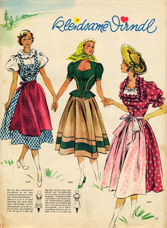 1950s fashion illustration for women's Dirndls. 