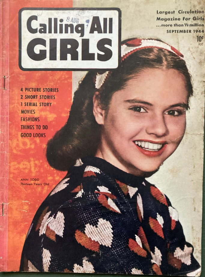 1940s Vintage Magazine Cover for 'Calling All Girls' September 1944. The cover features a young girl in a heart sweater smiling with a cute 1940s hairstyle. 