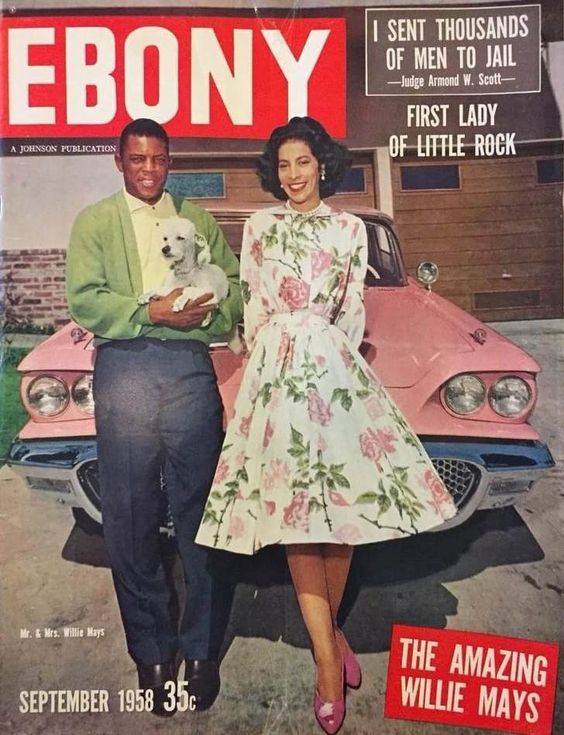 1950s Vintage Magazine Cover from EBONY Magazine, September 1958 featuring Willie Mays and his Wife in 1950s fashions posing in front of a pink 1950s car.