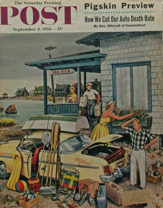 1950s vintage magazine cover from  The Saturday Evening Post, September 8th, 1956 featuring an illustration of a family and all their items as they pack up from the cottage. 