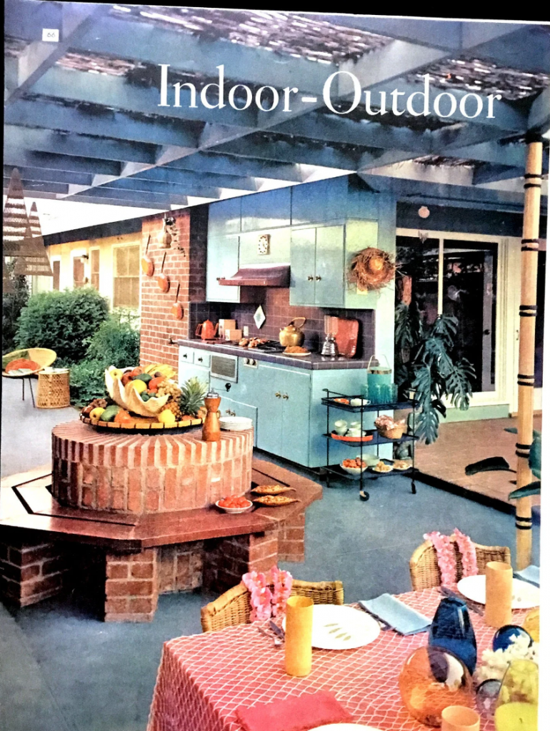 1950s magazine cover featuring A Mid-Century tropical patio featuring indoor / outdoor living including a cute outdoor 1950s kitchen