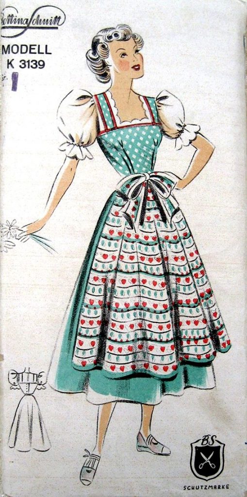 1950s sewing pattern for womens dirndl from Bettina Schnitt K 3139 (c.1950s) featuring a pretty heart apron.