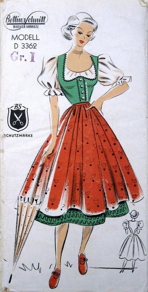 1950s vintage sewing pattern: Bettina Schnitt Wiener Modell D3362 ( c. early 1950s ) german dirndl dress green white peasant blouse red apron with hearts.