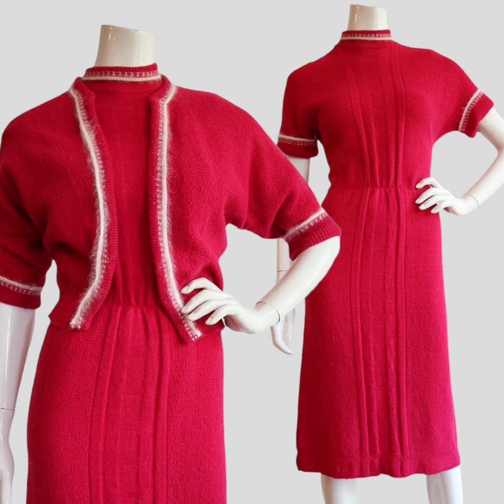 1950s Fashion: 1950s cerise wool dress and jacket set by Ann Adams. A lovely sweater dress with matching cardigan that is perfect for Fall. 