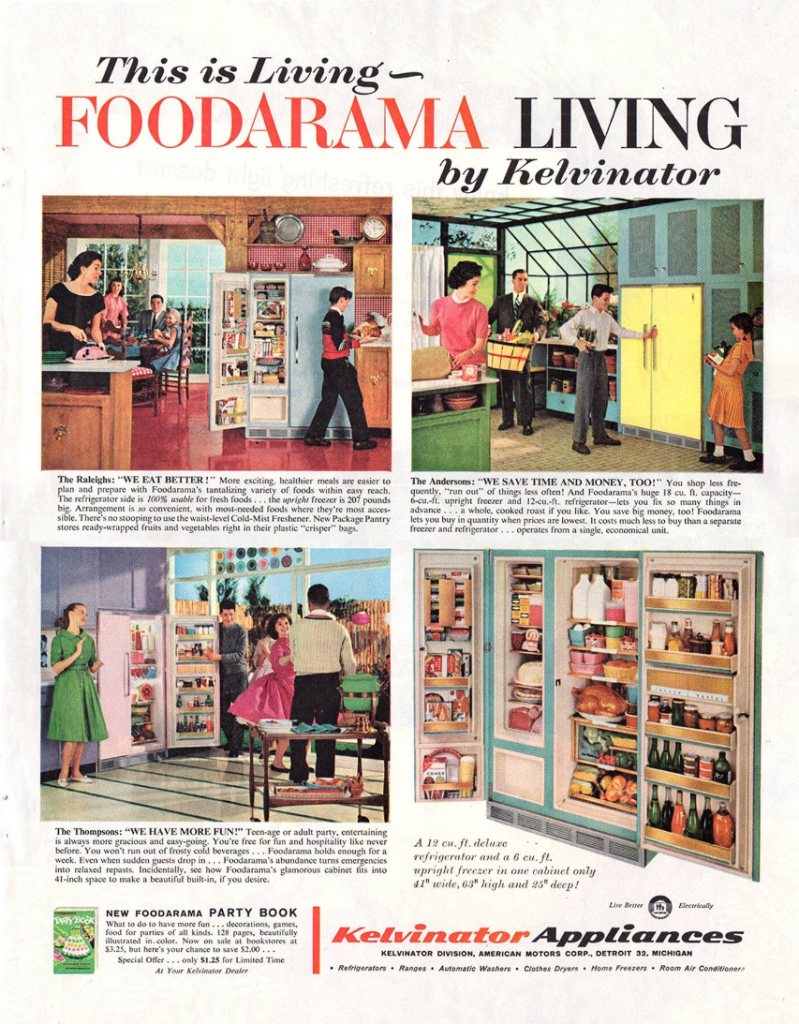 1950s Vintage Ad: 1959 Kelvinator appliances advertisement including a pink fridge and big kitchen windows (love those windows).