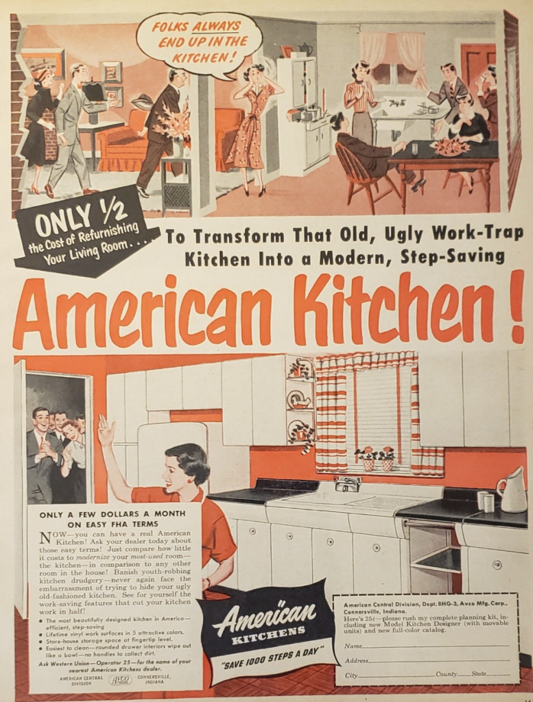 1950s vintage ad for a kitchen renovation from 'American Kitchens' featuring illustrations of 1950s men and women in 1950s kitchens. 