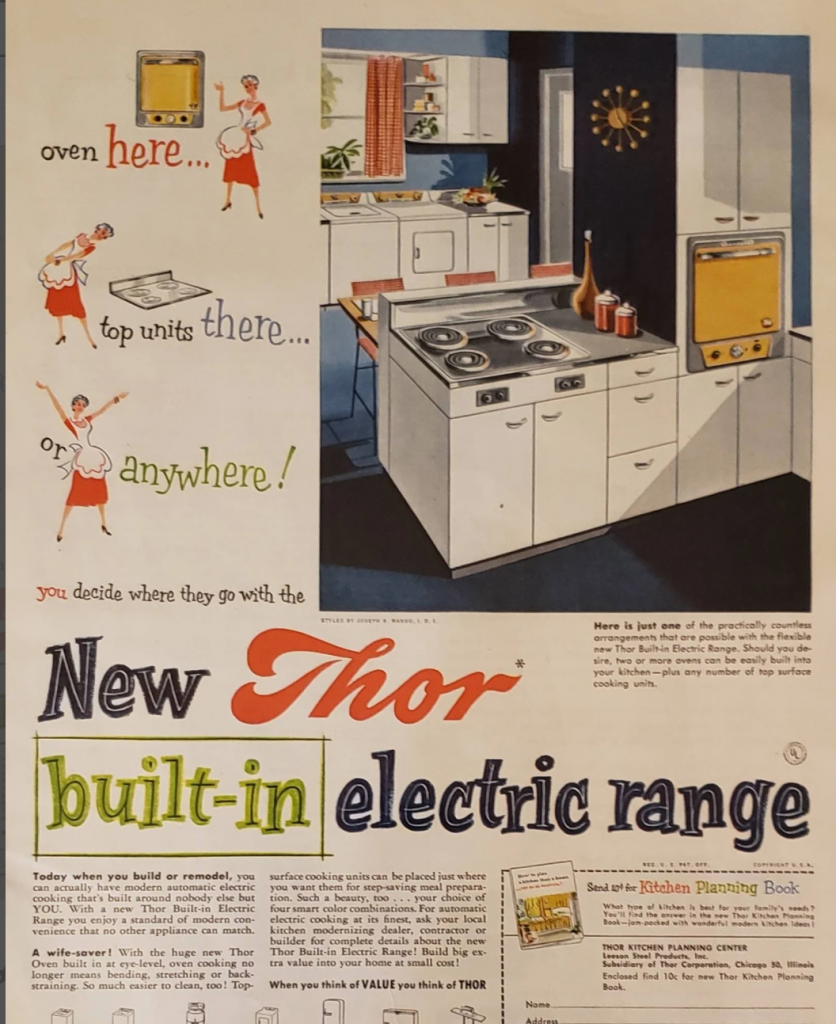 1950s vintage ad: 1953 THOR Built-In Electric Range advertisement. Perfect kitchen appliance for that modern kitchen and housewife. 